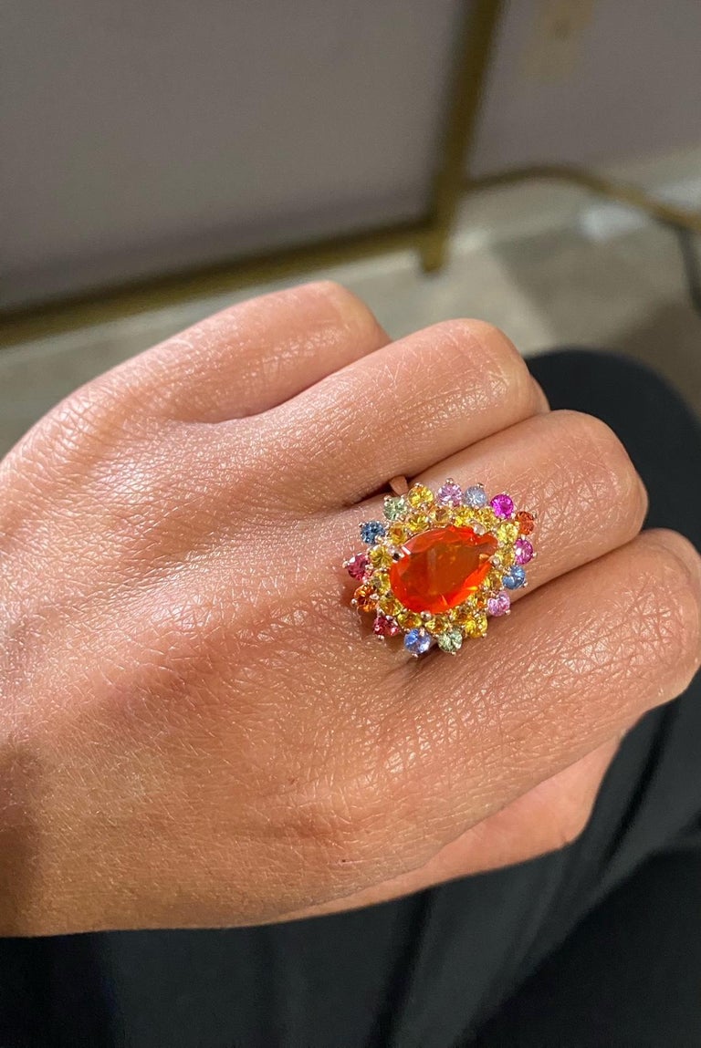 3.96 Carat Fire Opal Sapphire Rose Gold Cocktail Ring