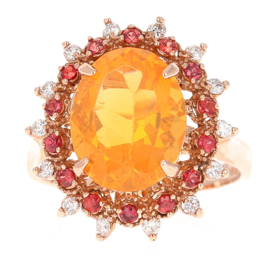 3.83 Carat Oval Cut Fire Opal Sapphire Diamond Yellow Gold Cocktail Ring