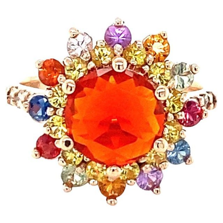 2.62 Carat Fire Opal Sapphire Diamond Rose Gold Cocktail Ring