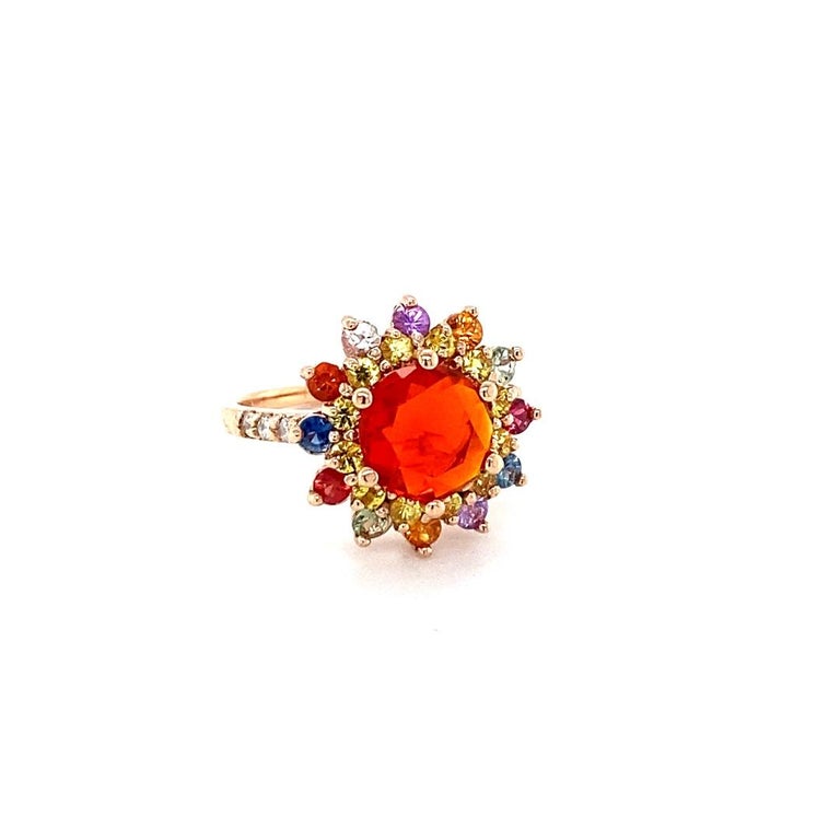 2.62 Carat Fire Opal Sapphire Diamond Rose Gold Cocktail Ring