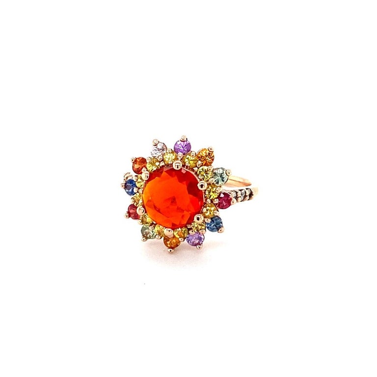 2.62 Carat Fire Opal Sapphire Diamond Rose Gold Cocktail Ring