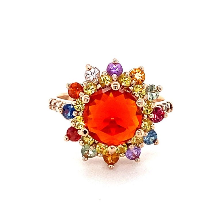 2.62 Carat Fire Opal Sapphire Diamond Rose Gold Cocktail Ring