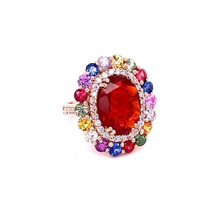 7.04 Ct Fire Opal, Sapphire, Diamond Rose Gold Cocktail Ring