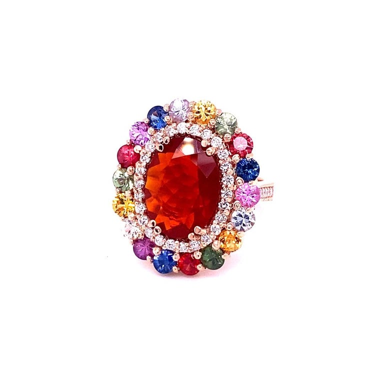 7.04 Ct Fire Opal, Sapphire, Diamond Rose Gold Cocktail Ring