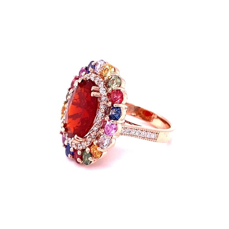 7.04 Ct Fire Opal, Sapphire, Diamond Rose Gold Cocktail Ring