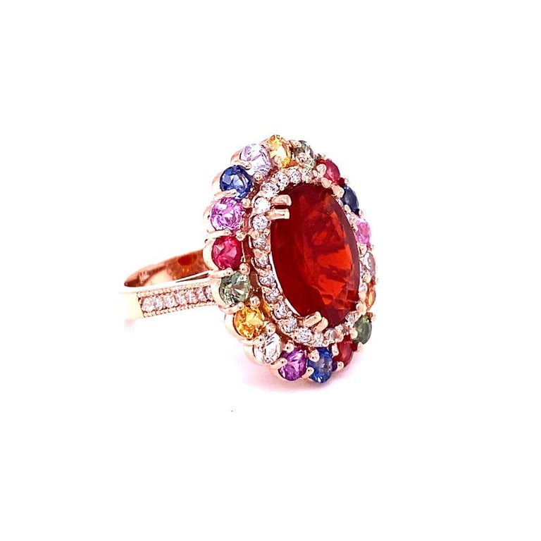 7.04 Ct Fire Opal, Sapphire, Diamond Rose Gold Cocktail Ring