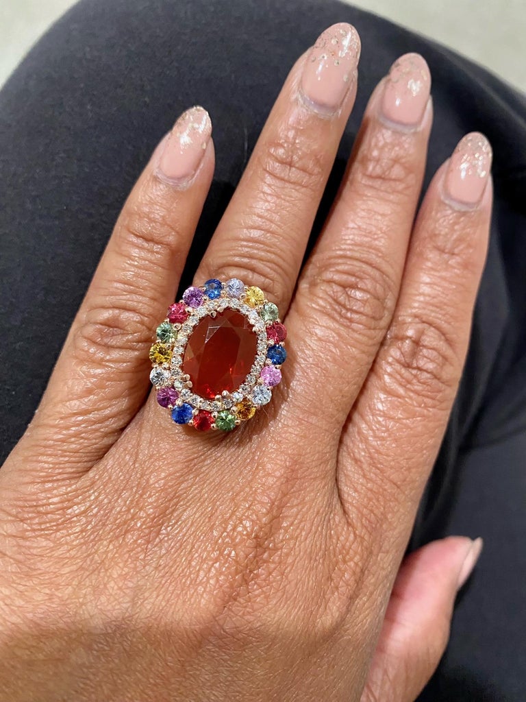 7.04 Ct Fire Opal, Sapphire, Diamond Rose Gold Cocktail Ring