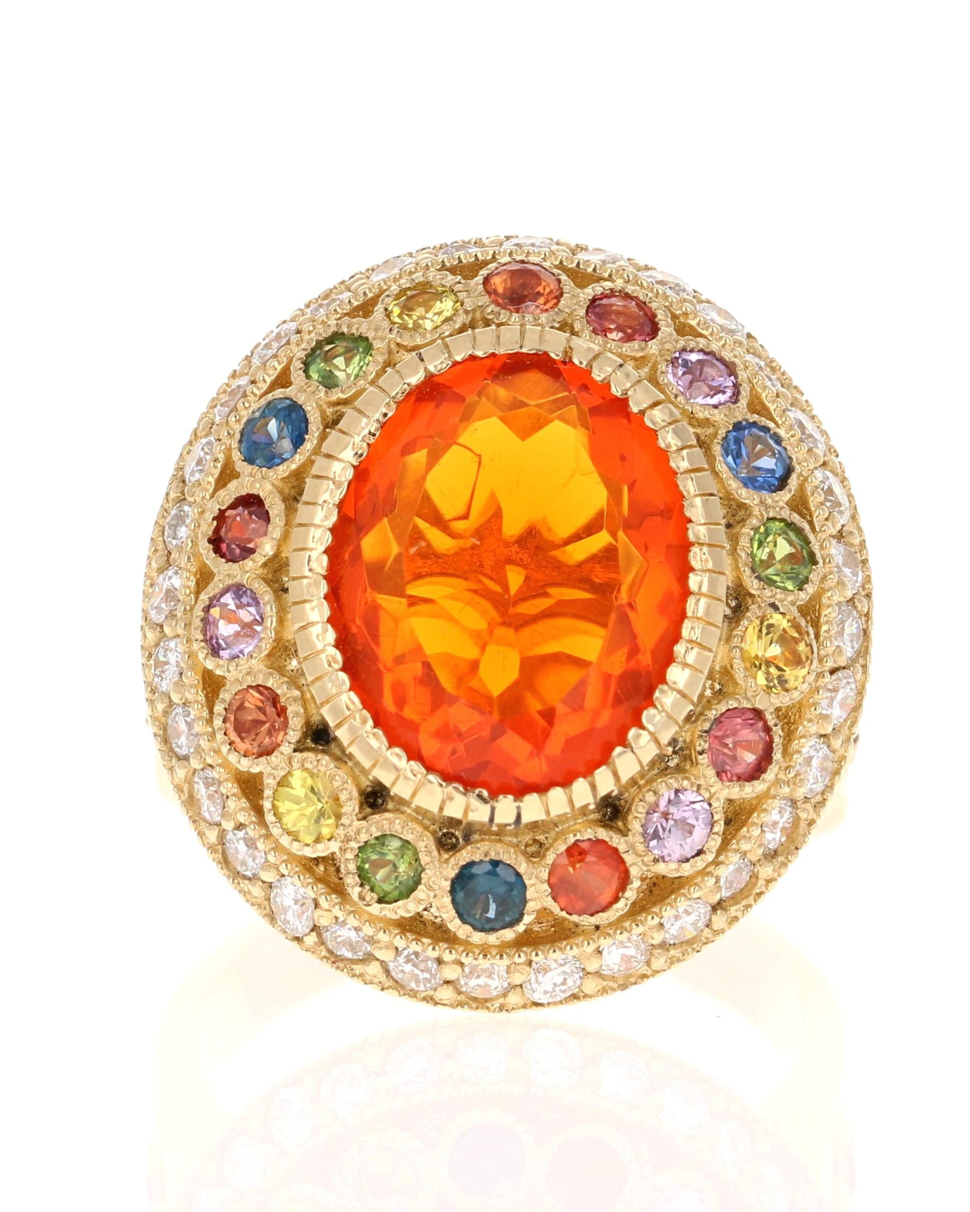 5.14 Carat Natural Fire Opal Sapphire and Diamond Yellow Gold Cocktail Ring