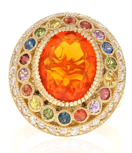 5.14 Carat Natural Fire Opal Sapphire and Diamond Yellow Gold Cocktail Ring