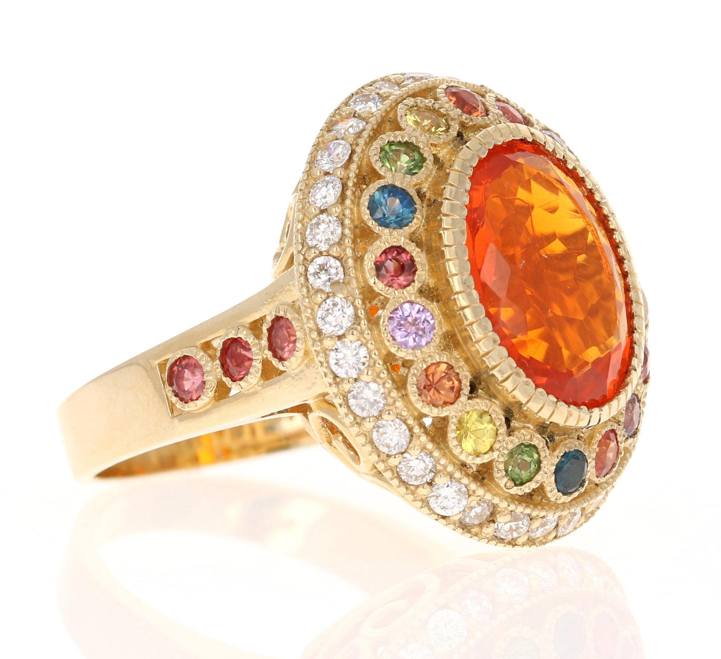 5.14 Carat Natural Fire Opal Sapphire and Diamond Yellow Gold Cocktail Ring