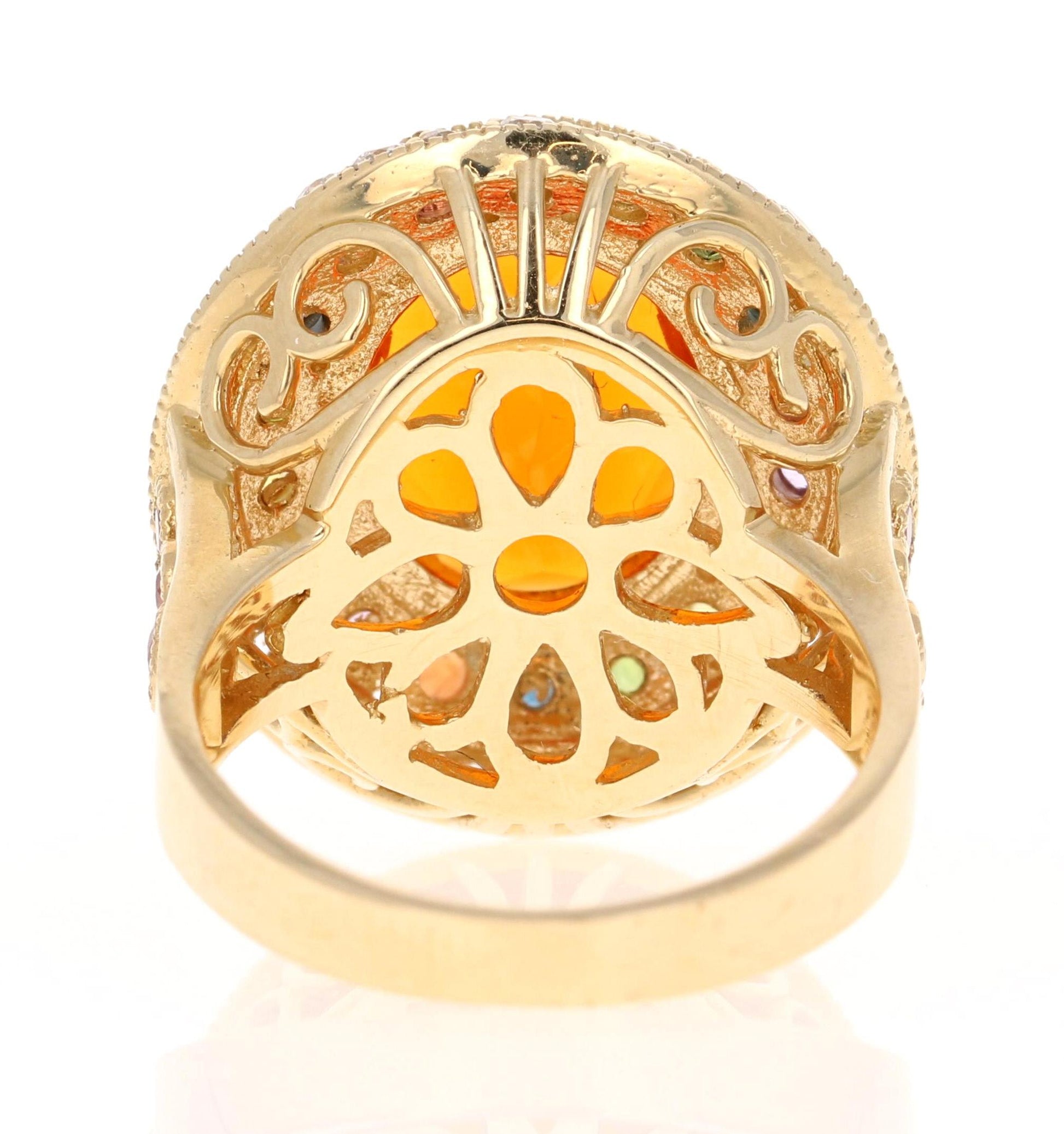 5.14 Carat Natural Fire Opal Sapphire and Diamond Yellow Gold Cocktail Ring