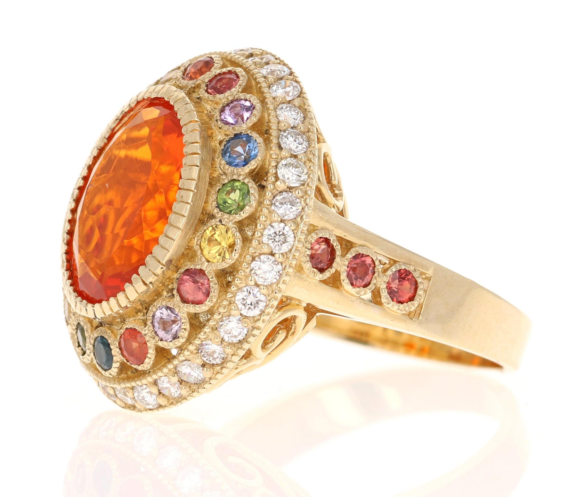 5.14 Carat Natural Fire Opal Sapphire and Diamond Yellow Gold Cocktail Ring