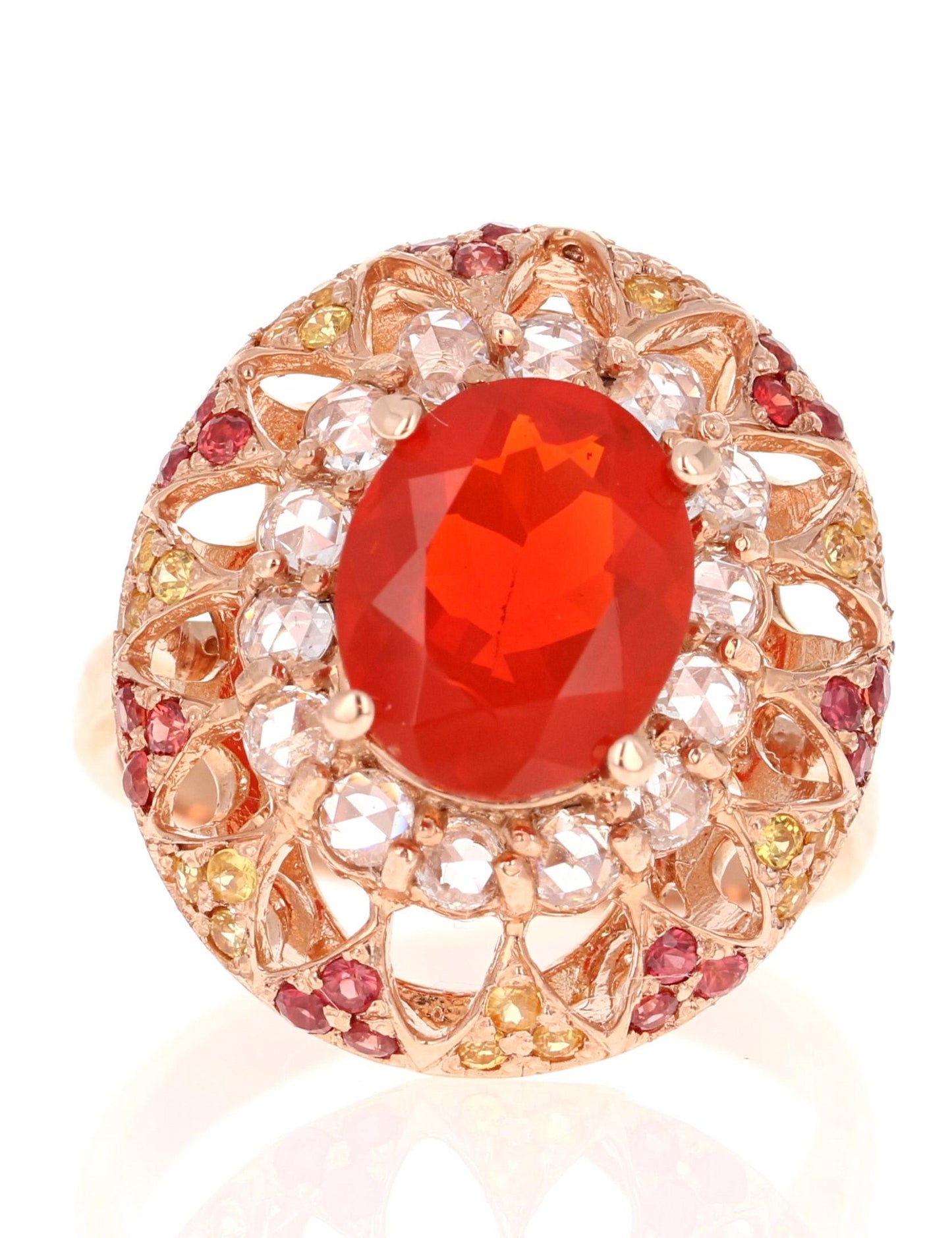 2.93 Carat Fire Opal Rose Cut Diamond Rose Gold Cocktail Ring