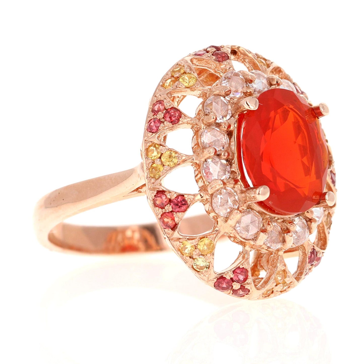 2.93 Carat Fire Opal Rose Cut Diamond Rose Gold Cocktail Ring