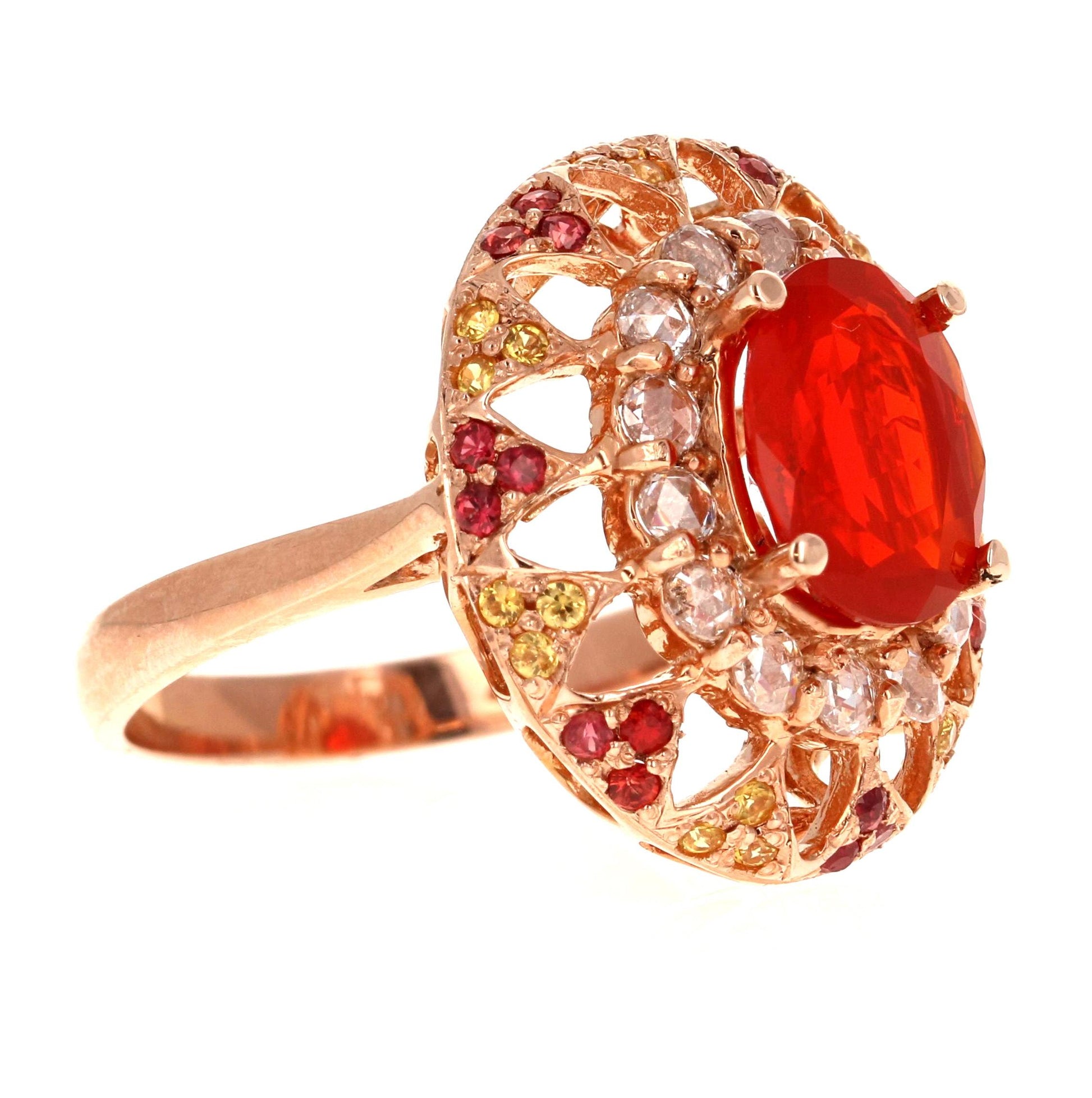 2.93 Carat Fire Opal Rose Cut Diamond Rose Gold Cocktail Ring