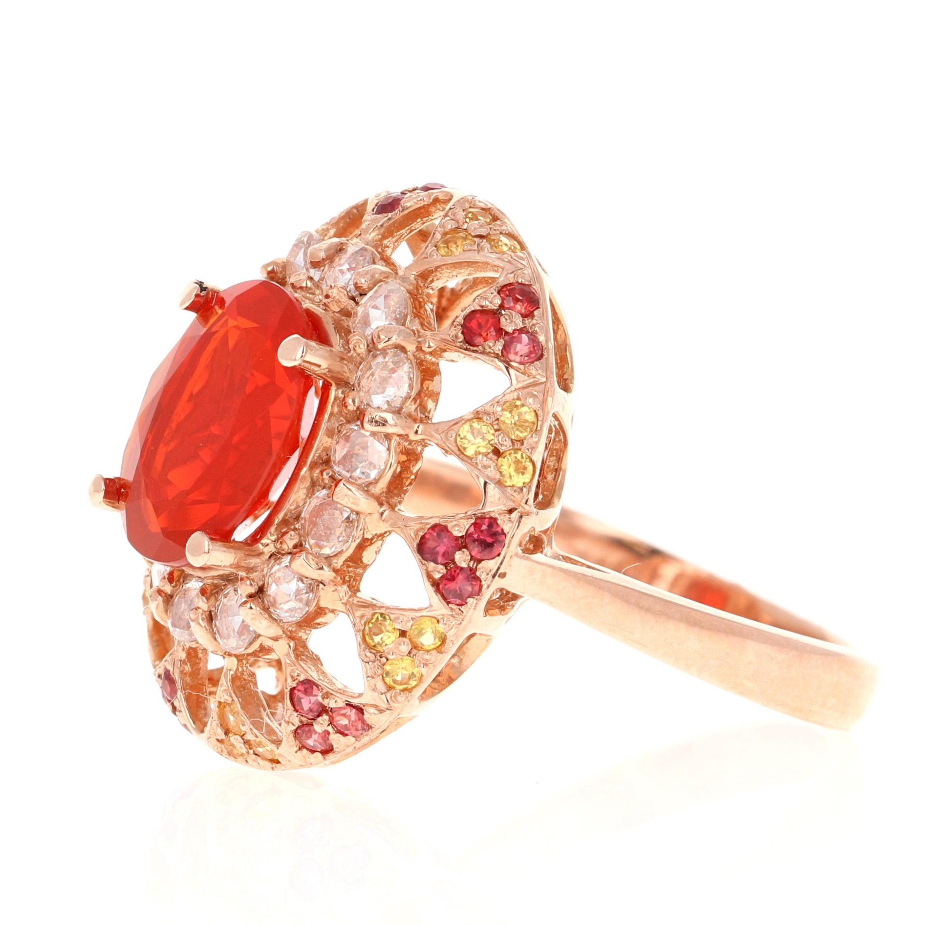 2.93 Carat Fire Opal Rose Cut Diamond Rose Gold Cocktail Ring