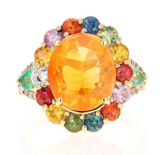 6.74 Carat Fire Opal Sapphire Diamond 14 Karat Yellow Gold Cocktail Ring