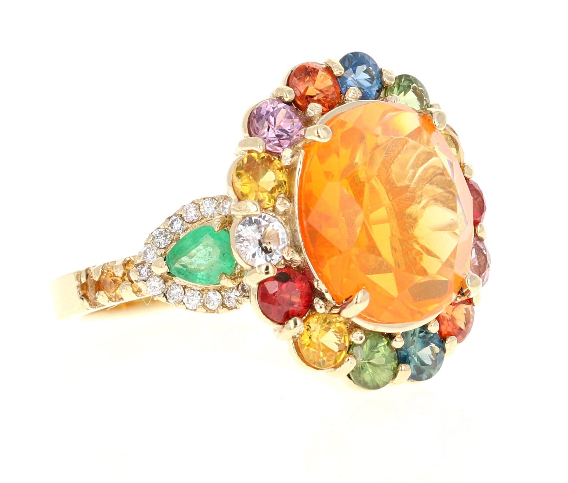 6.74 Carat Fire Opal Sapphire Diamond 14 Karat Yellow Gold Cocktail Ring