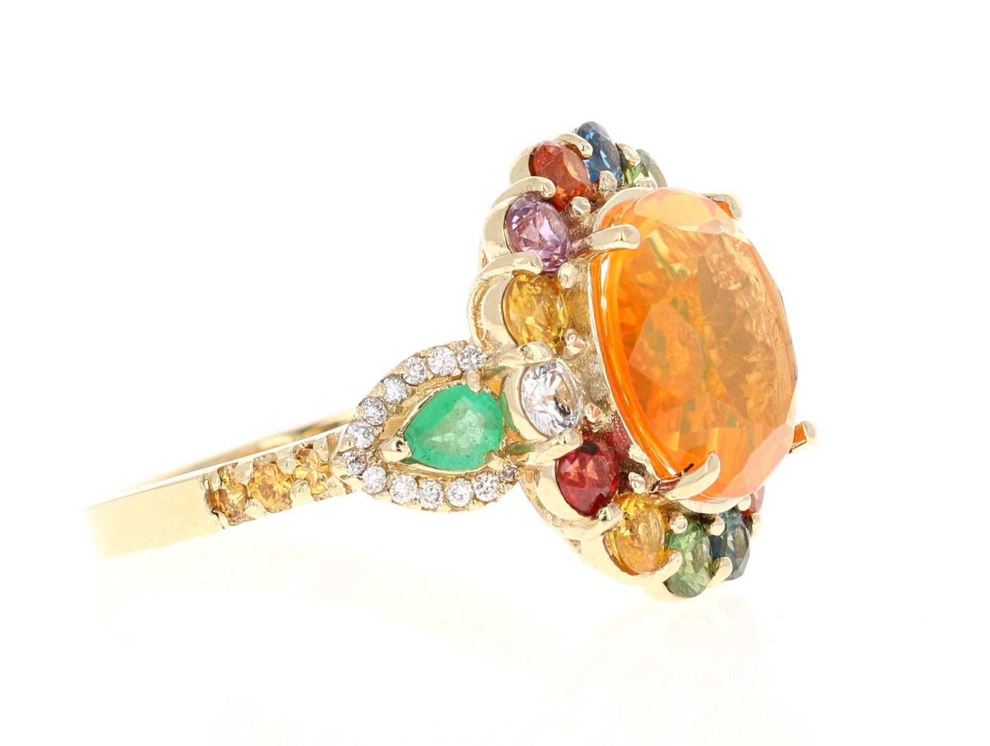 6.74 Carat Fire Opal Sapphire Diamond 14 Karat Yellow Gold Cocktail Ring