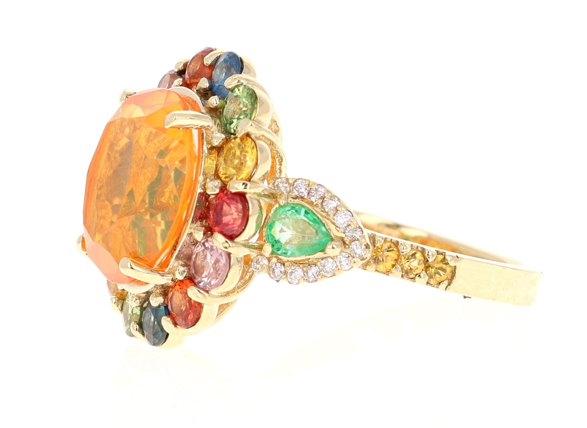 6.74 Carat Fire Opal Sapphire Diamond 14 Karat Yellow Gold Cocktail Ring