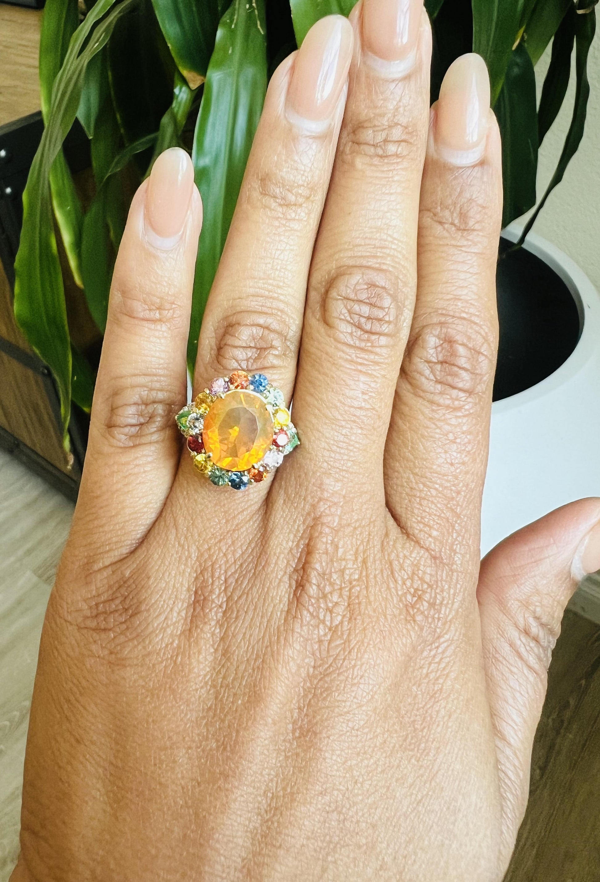 6.74 Carat Fire Opal Sapphire Diamond 14 Karat Yellow Gold Cocktail Ring