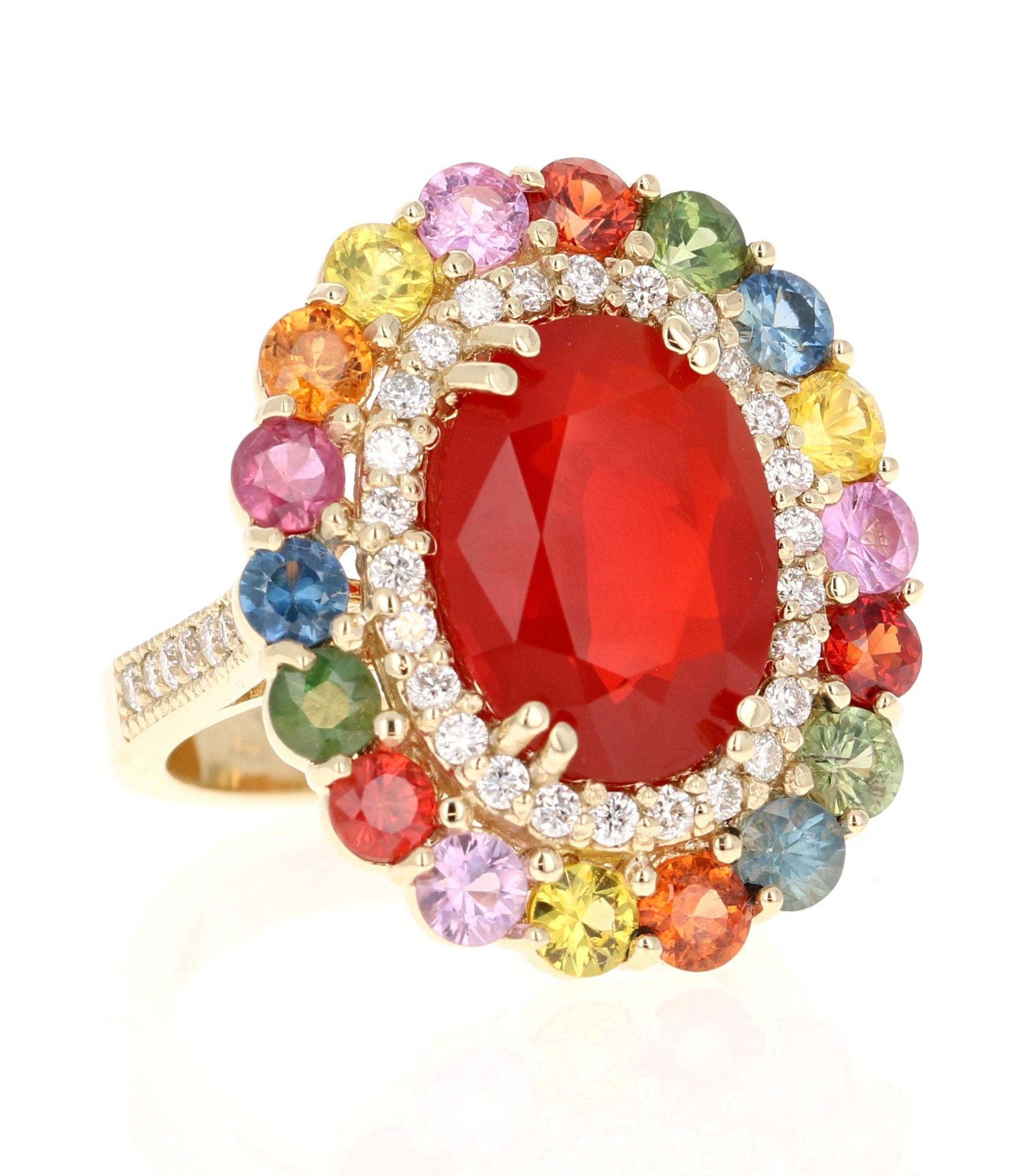 7.40 Carat Fire Opal Sapphire Diamond 14 Karat Yellow Gold Cocktail Ring