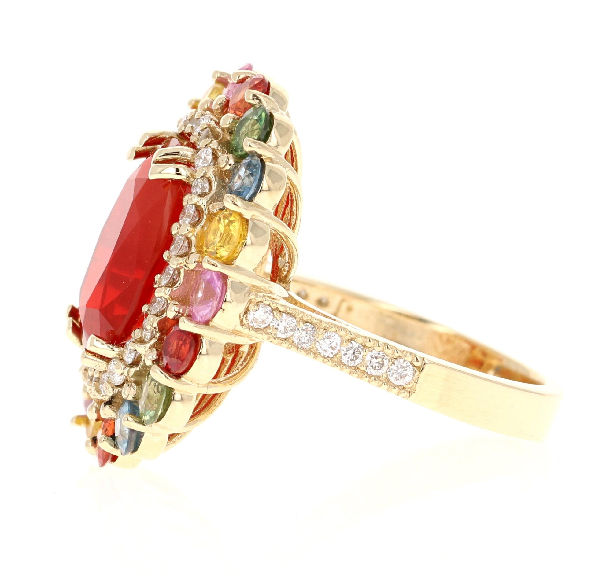 7.40 Carat Fire Opal Sapphire Diamond 14 Karat Yellow Gold Cocktail Ring