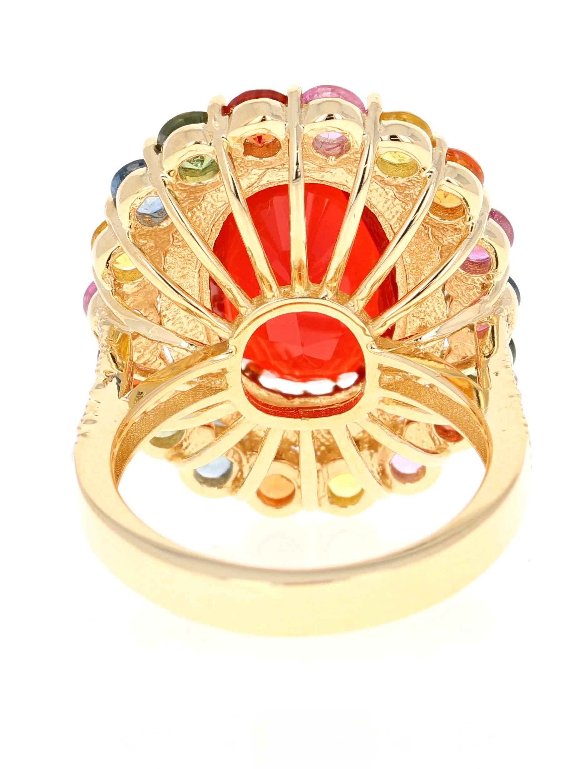 7.40 Carat Fire Opal Sapphire Diamond 14 Karat Yellow Gold Cocktail Ring