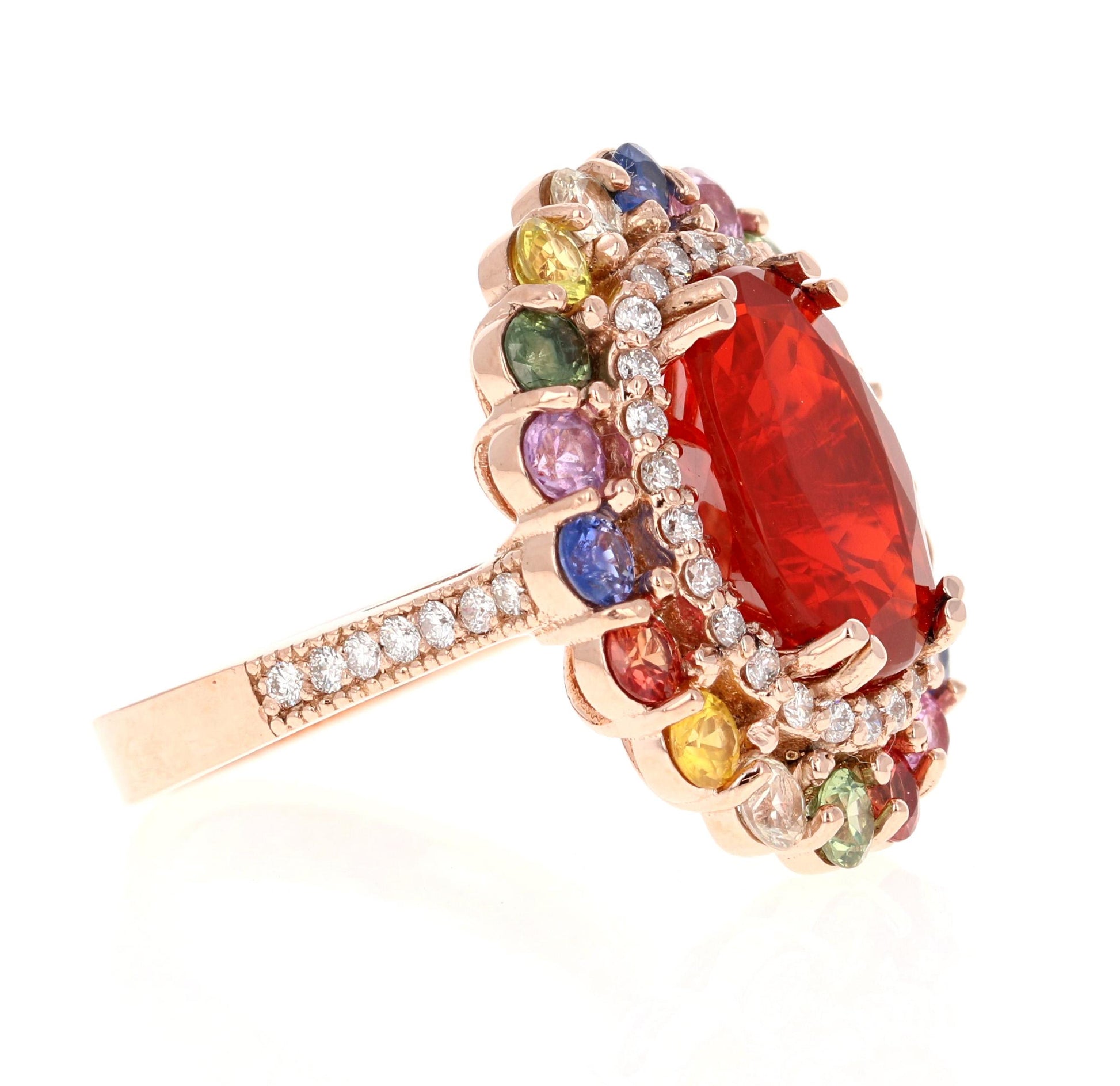 7.39 Carat Fire Opal Sapphire Diamond Rose Gold Cocktail Ring