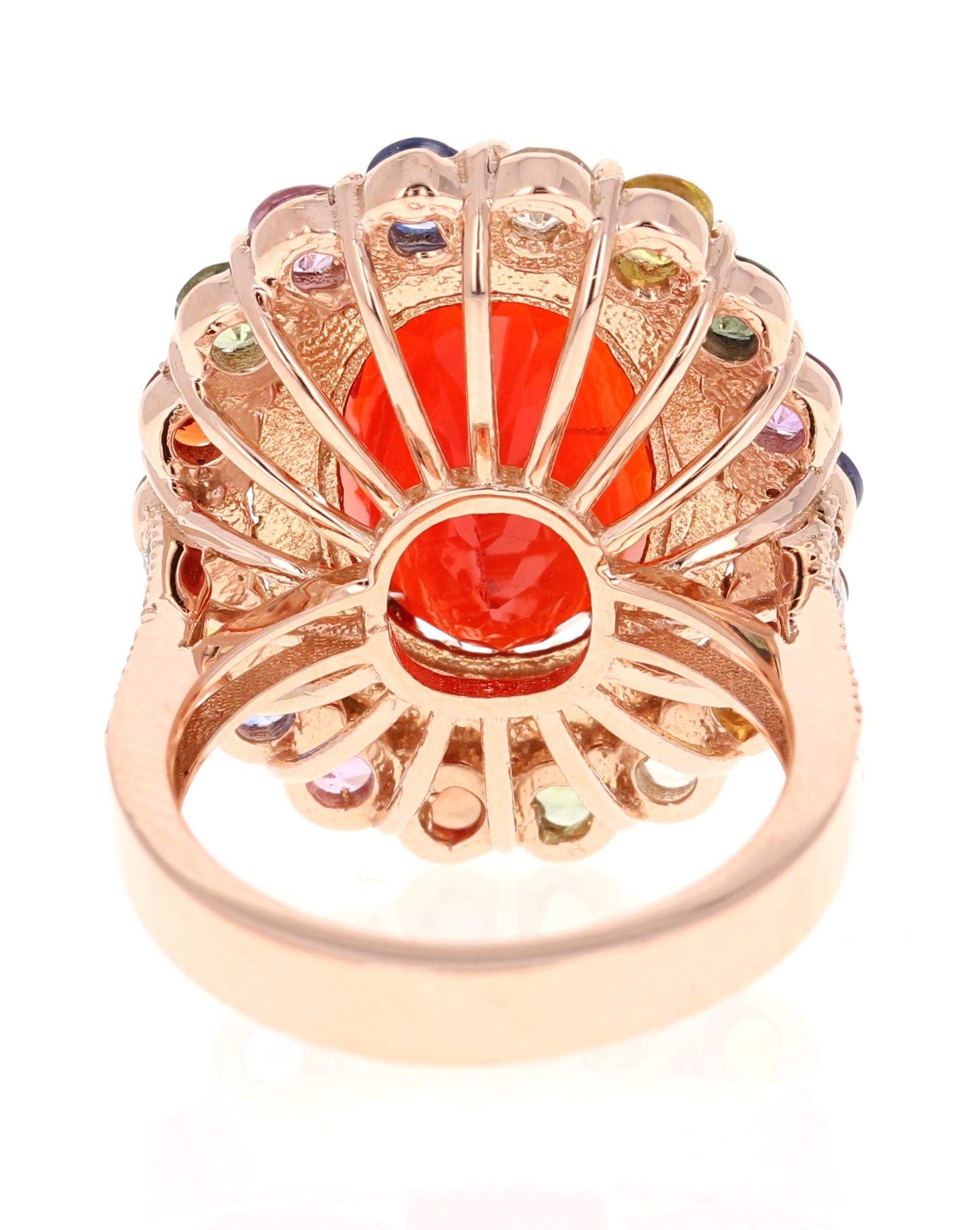 7.39 Carat Fire Opal Sapphire Diamond Rose Gold Cocktail Ring