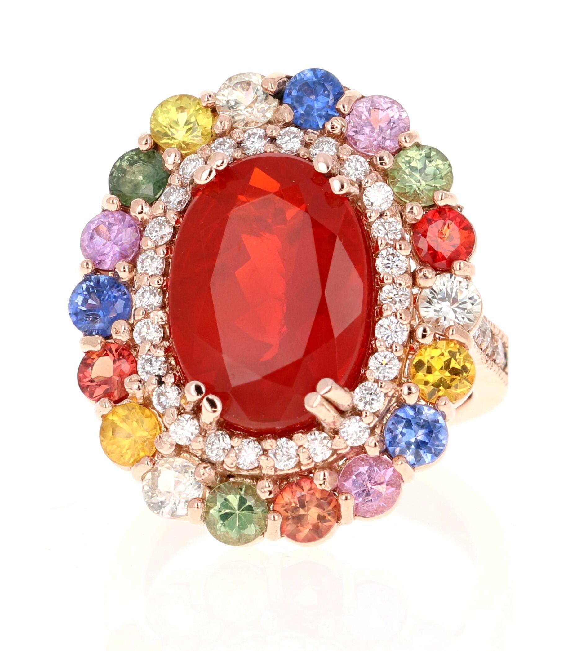 7.39 Carat Fire Opal Sapphire Diamond Rose Gold Cocktail Ring