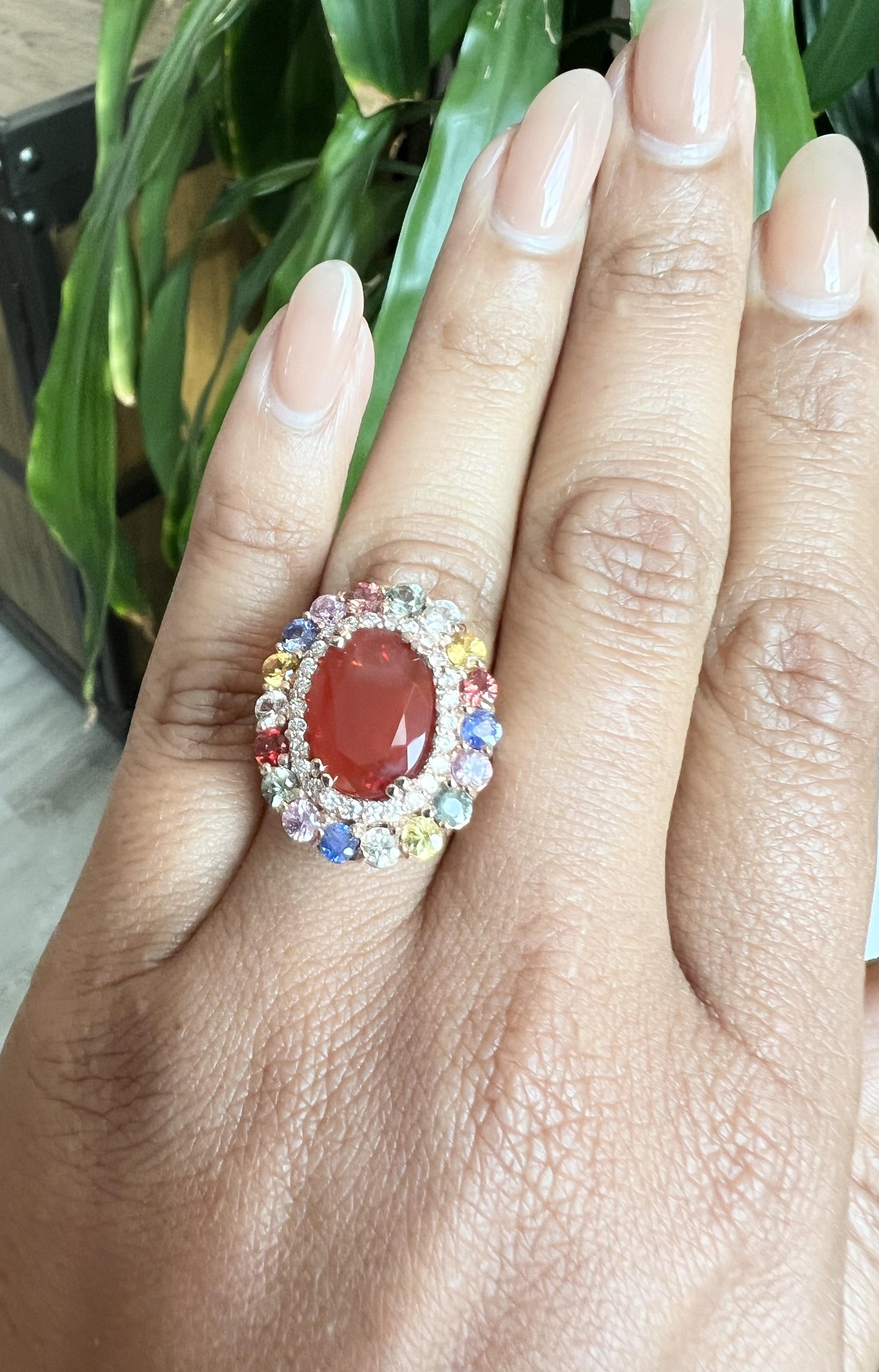 7.39 Carat Fire Opal Sapphire Diamond Rose Gold Cocktail Ring