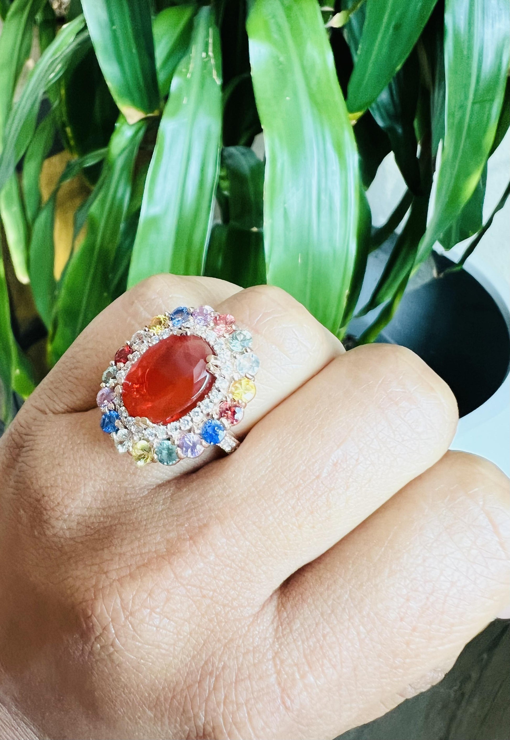 7.39 Carat Fire Opal Sapphire Diamond Rose Gold Cocktail Ring