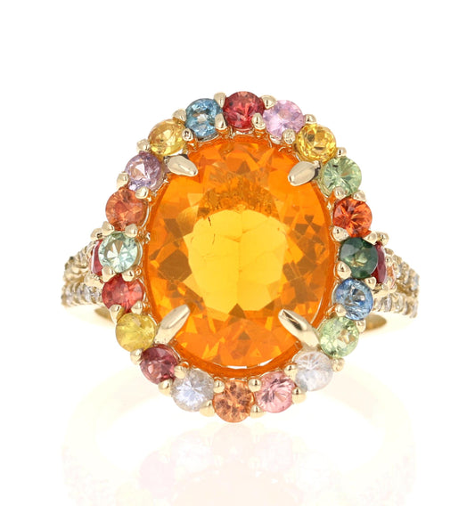 5.24 Carat Fire Opal Sapphire Diamond 14 Karat Yellow Gold Cocktail Ring