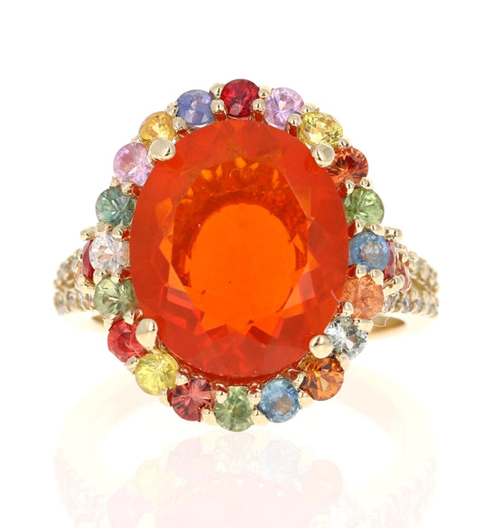 6.29 Carat Fire Opal Sapphire Diamond 14 Karat Yellow Gold Cocktail Ring