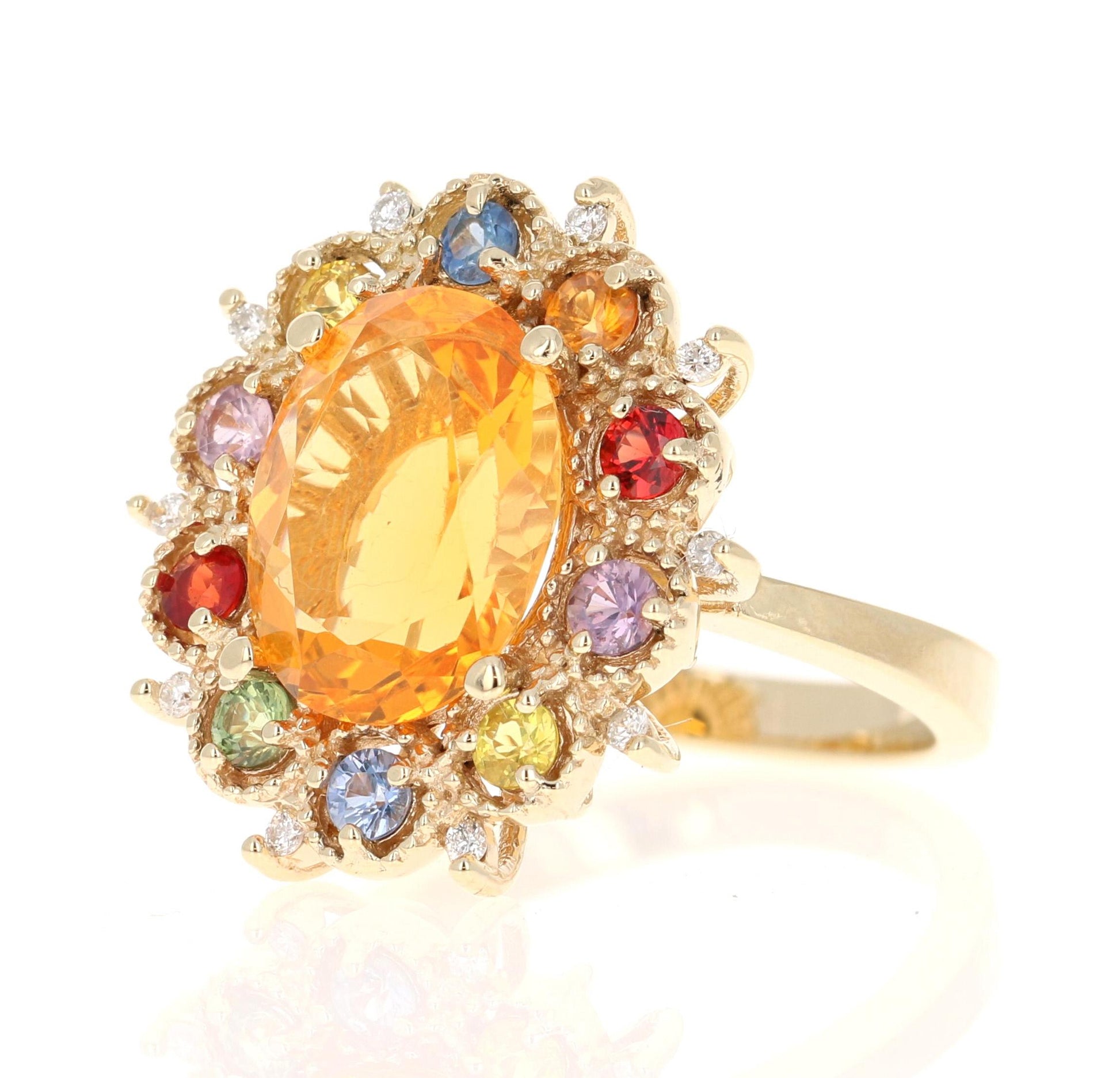 4.33 Carat Fire Opal Sapphire Diamond Yellow Gold Ring