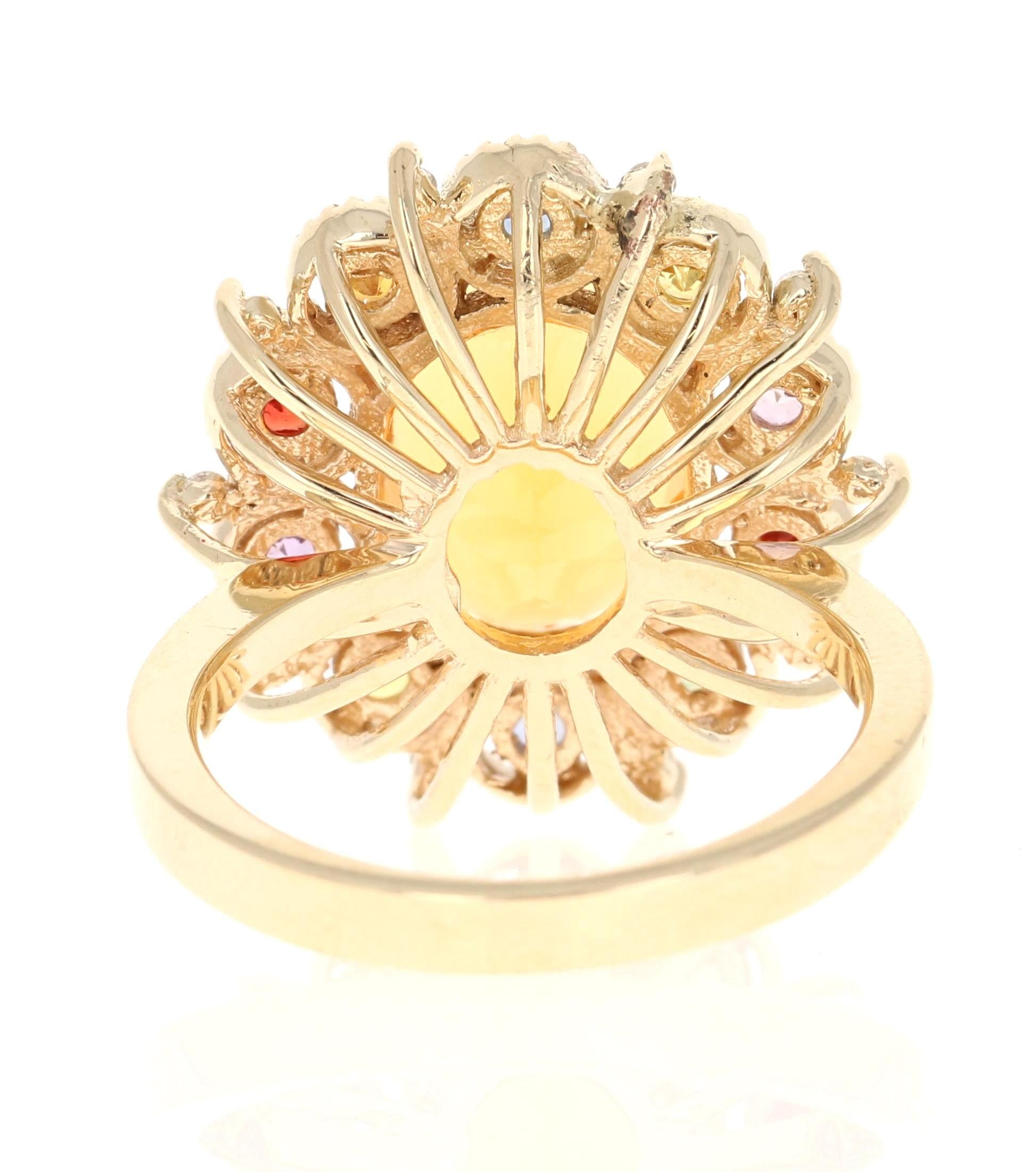 4.33 Carat Fire Opal Sapphire Diamond Yellow Gold Ring