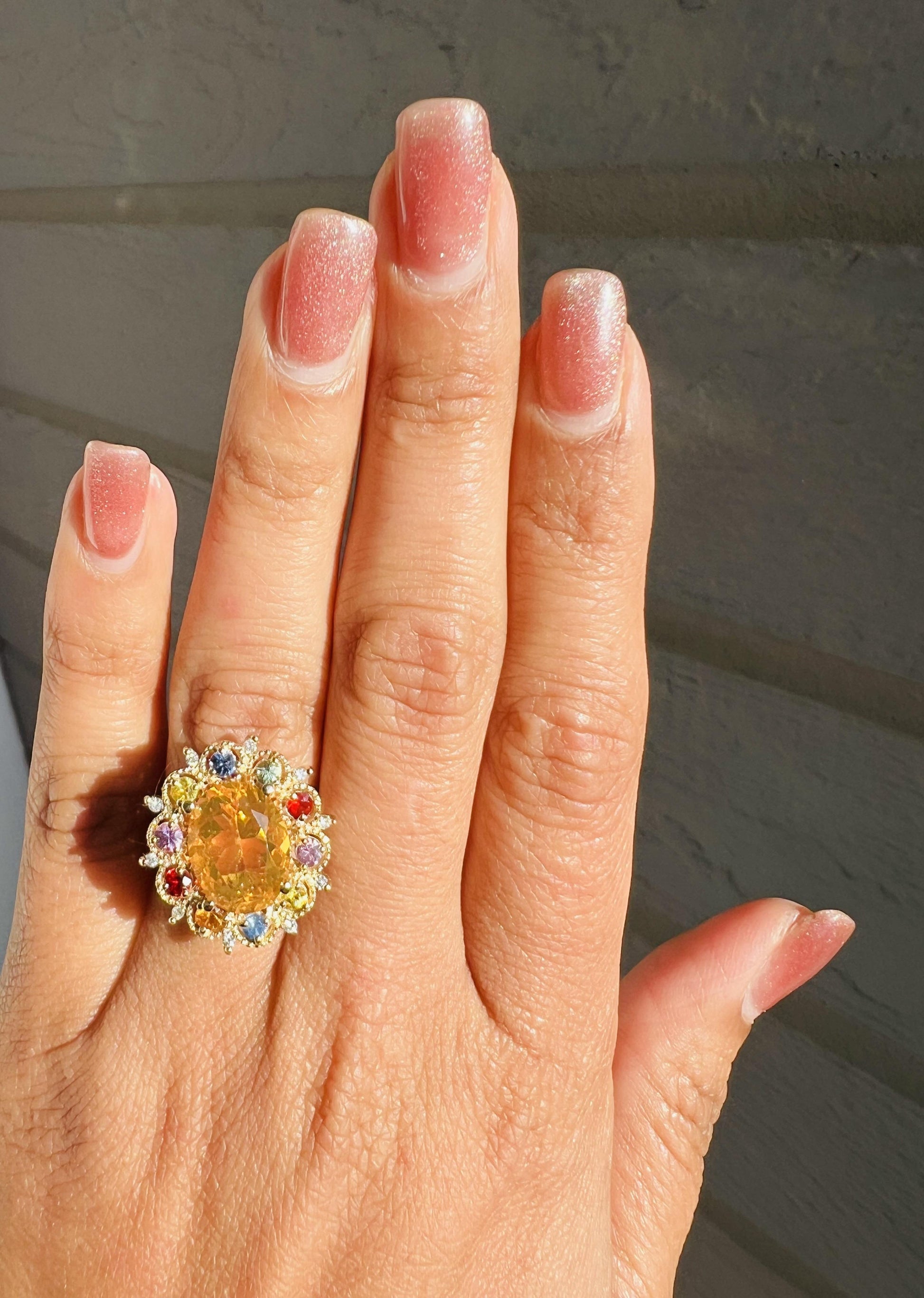 4.33 Carat Fire Opal Sapphire Diamond Yellow Gold Ring