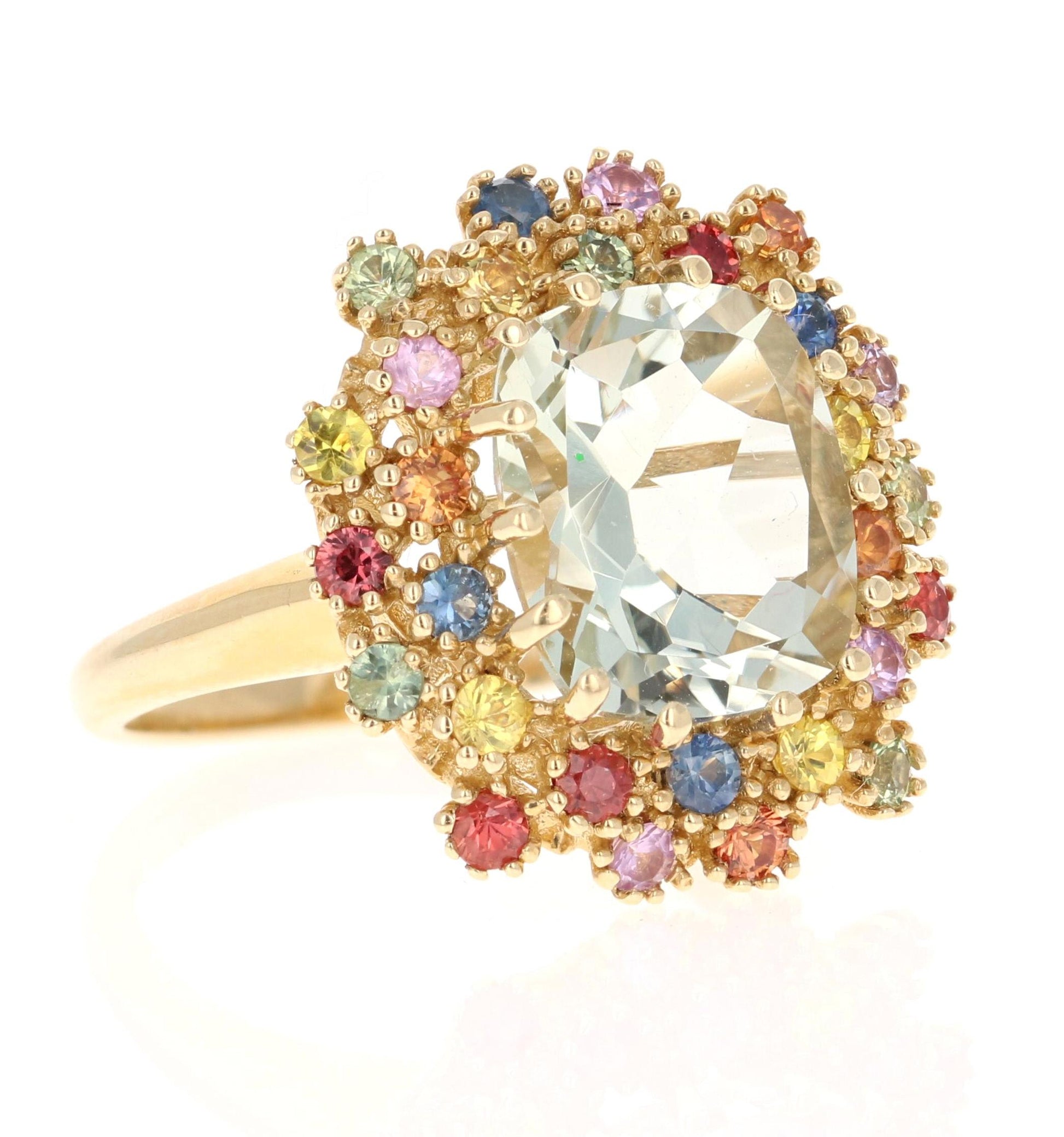 5.98 Carat Amethyst Multicolor Sapphires Yellow Gold Cluster Ring