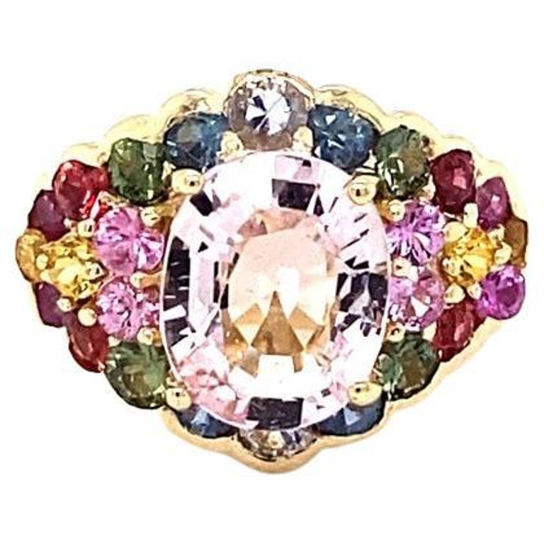 4.83 Carat Pink Morganite, Multicolor Sapphire 14 Karat Yellow Gold Cocktail Ring