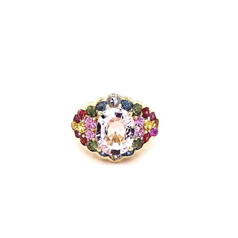 4.83 Carat Pink Morganite, Multicolor Sapphire 14 Karat Yellow Gold Cocktail Ring