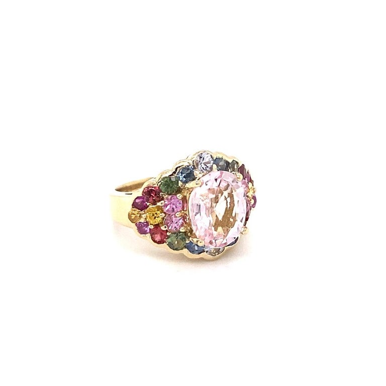 4.83 Carat Pink Morganite, Multicolor Sapphire 14 Karat Yellow Gold Cocktail Ring