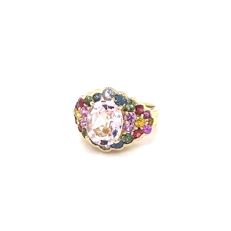 4.83 Carat Pink Morganite, Multicolor Sapphire 14 Karat Yellow Gold Cocktail Ring