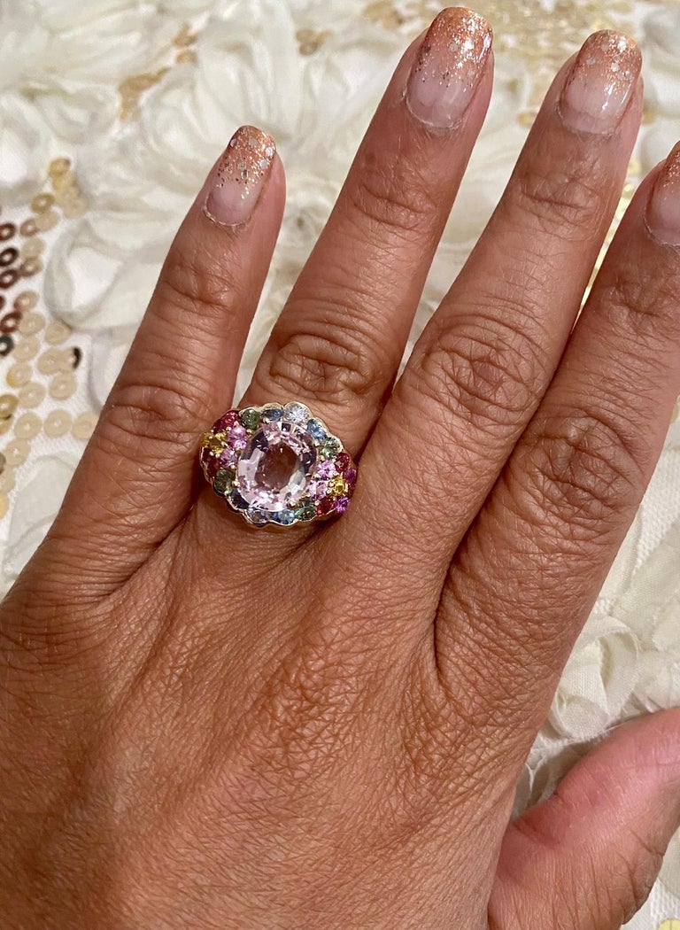 4.83 Carat Pink Morganite, Multicolor Sapphire 14 Karat Yellow Gold Cocktail Ring