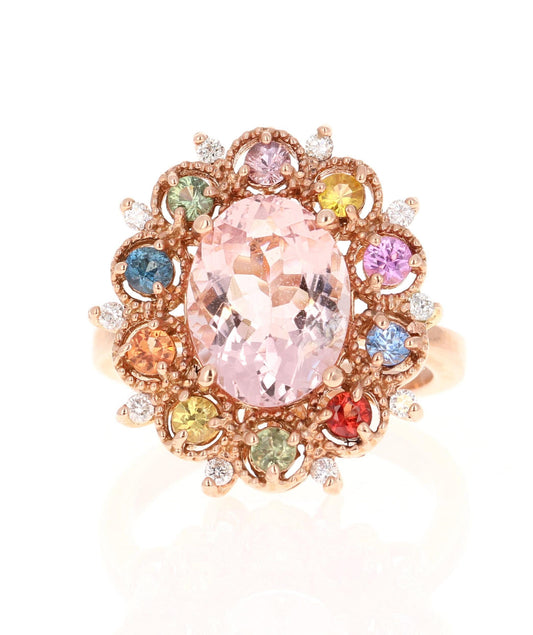 4.37 Carat Morganite Diamond Multicolor Sapphire Rose Gold Cocktail Ring