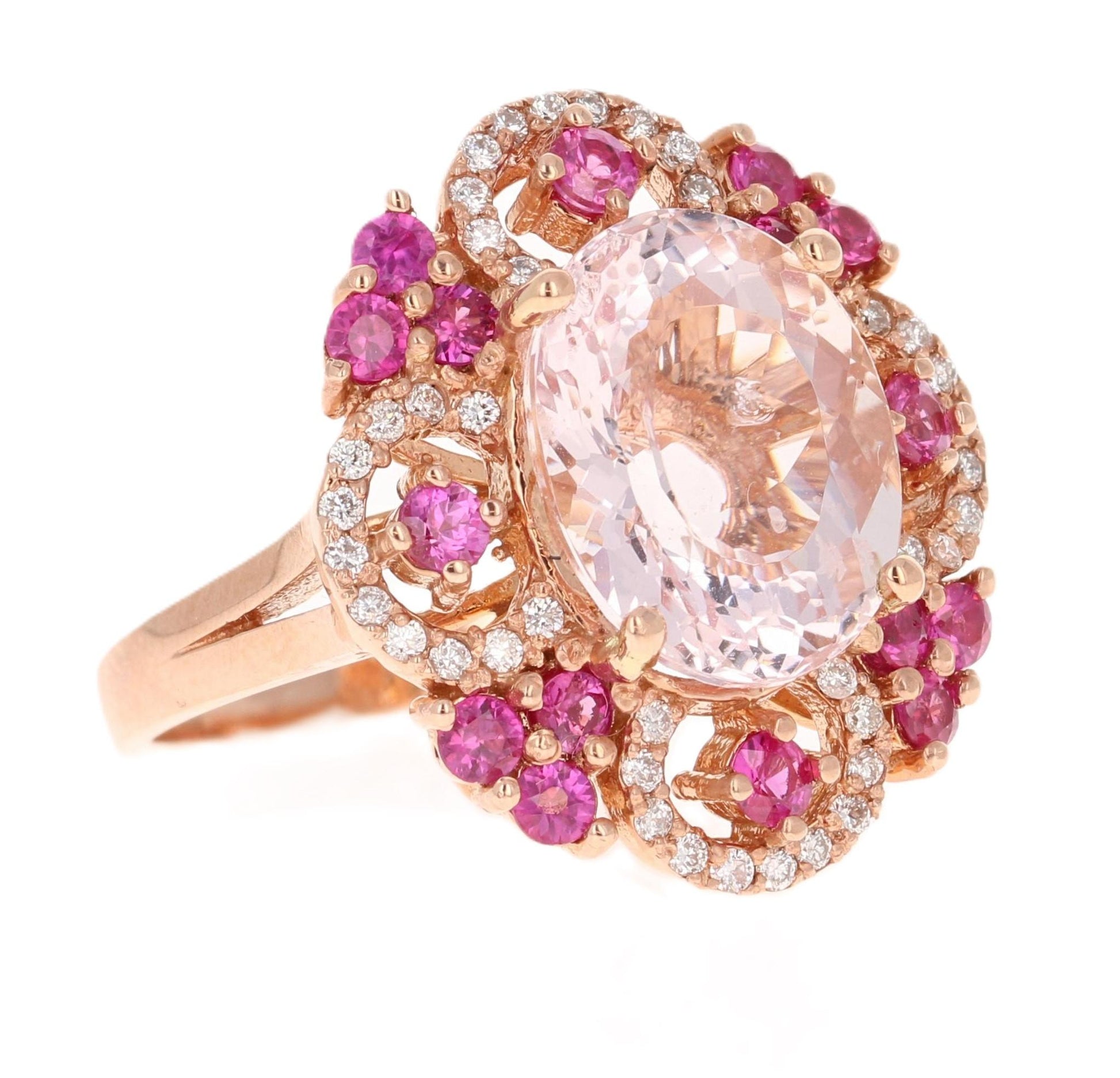 7.13 Carat Pink Morganite Sapphire Diamond Rose Gold Cocktail Ring