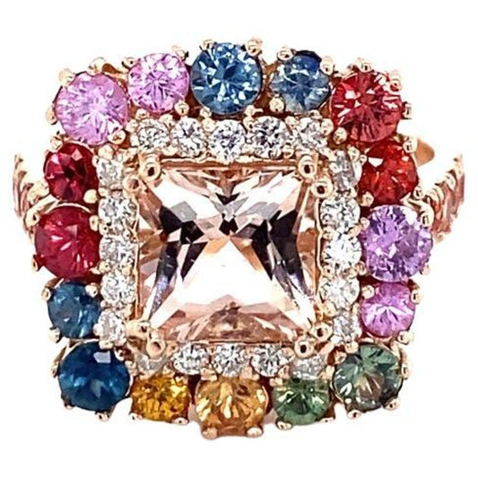 4.22 Carat Pink Morganite, Diamond, Sapphire 14 Karat Rose Gold Cocktail Ring