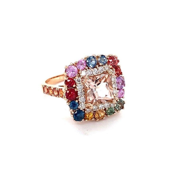 4.22 Carat Pink Morganite, Diamond, Sapphire 14 Karat Rose Gold Cocktail Ring