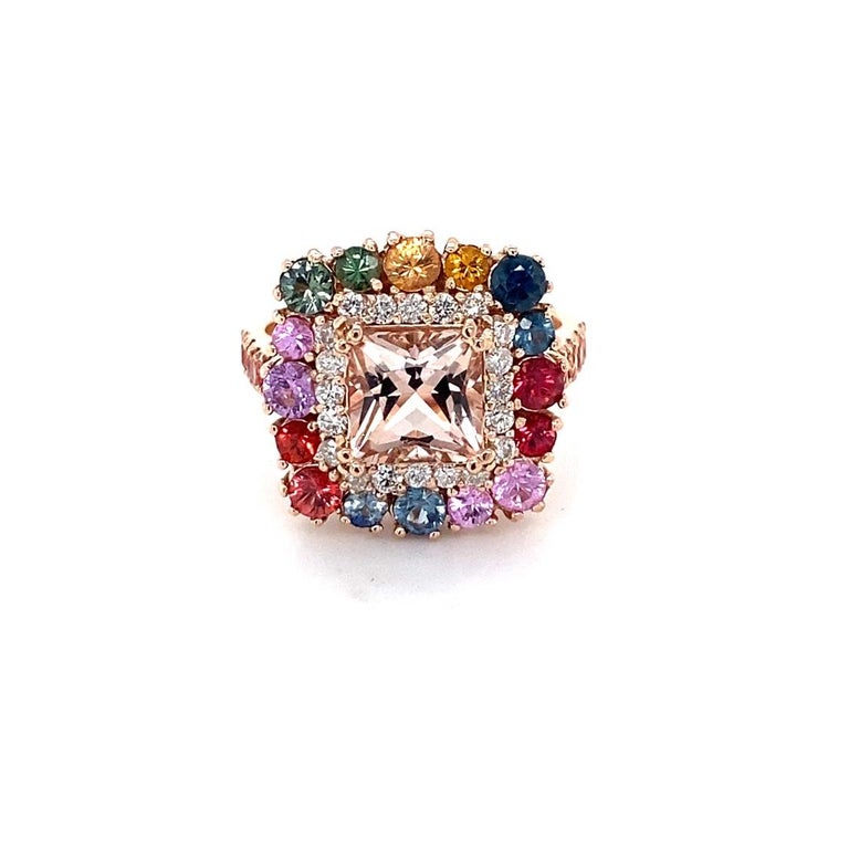 4.22 Carat Pink Morganite, Diamond, Sapphire 14 Karat Rose Gold Cocktail Ring