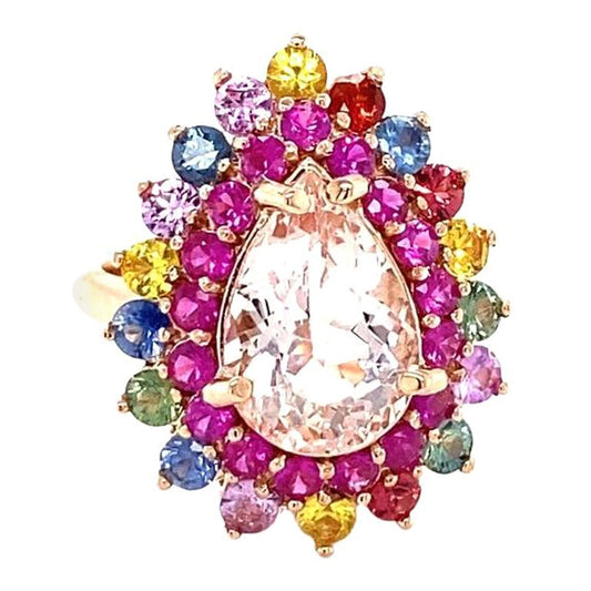 6.04 Carat Pink Morganite, Multicolor Sapphire, 14 Karat Rose Gold Cocktail Ring